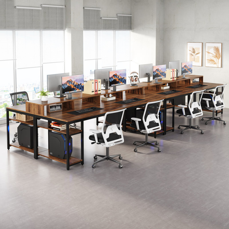 78.74" W Double Computer Desk With Monitor Stand, Two Person Desk With 4 Open Shelf, Brown/Black