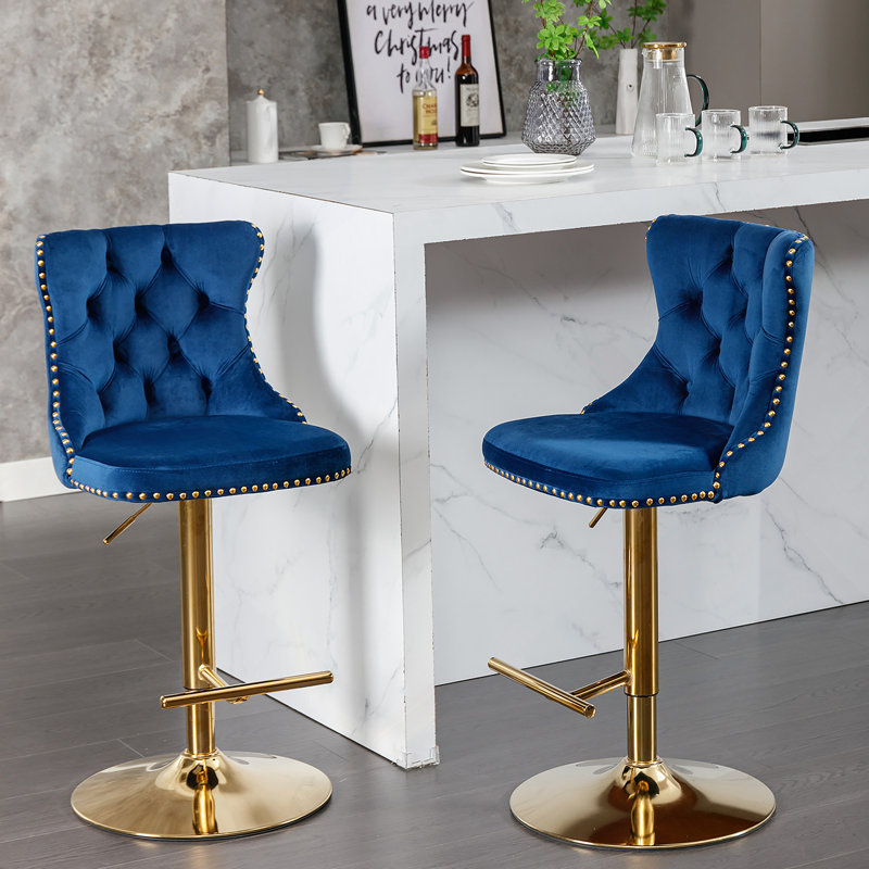 Tabourets de bar réglables en velours avec base pivotante dorée, ensemble de 2, Siège bleu / cadre doré