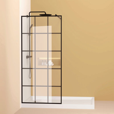 Framed Glass Shower Screen 34" Width X 72"Height With 1/4" 6Mm   , Matte Black Aluminum And Support Bar, Shower Door