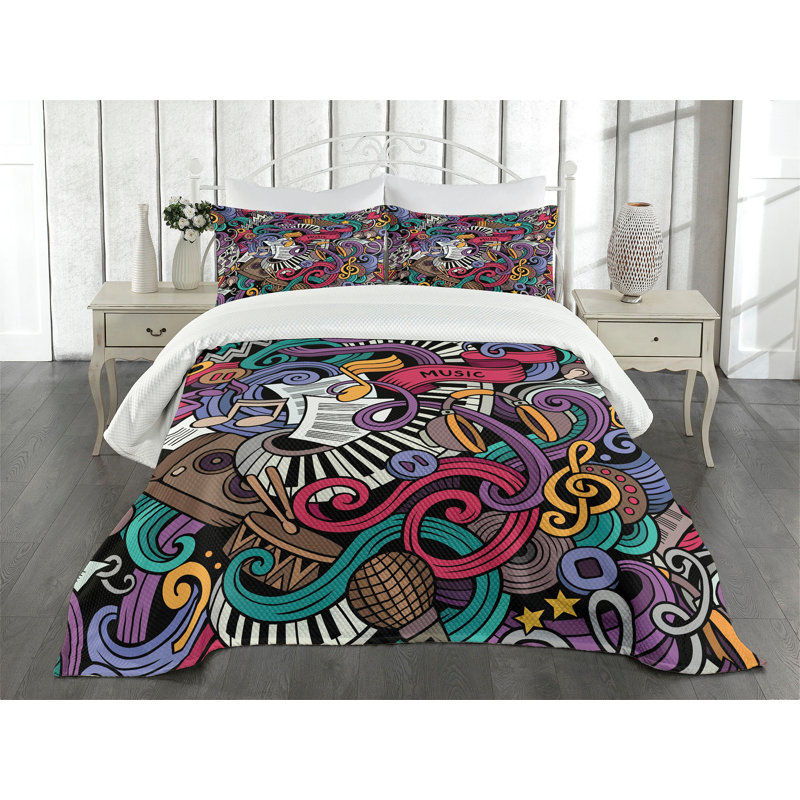 Ambesonne Hipster Bedspread Set Music Theme Instruments Multicolor, Queen Bedspread + 2 Standard Shams