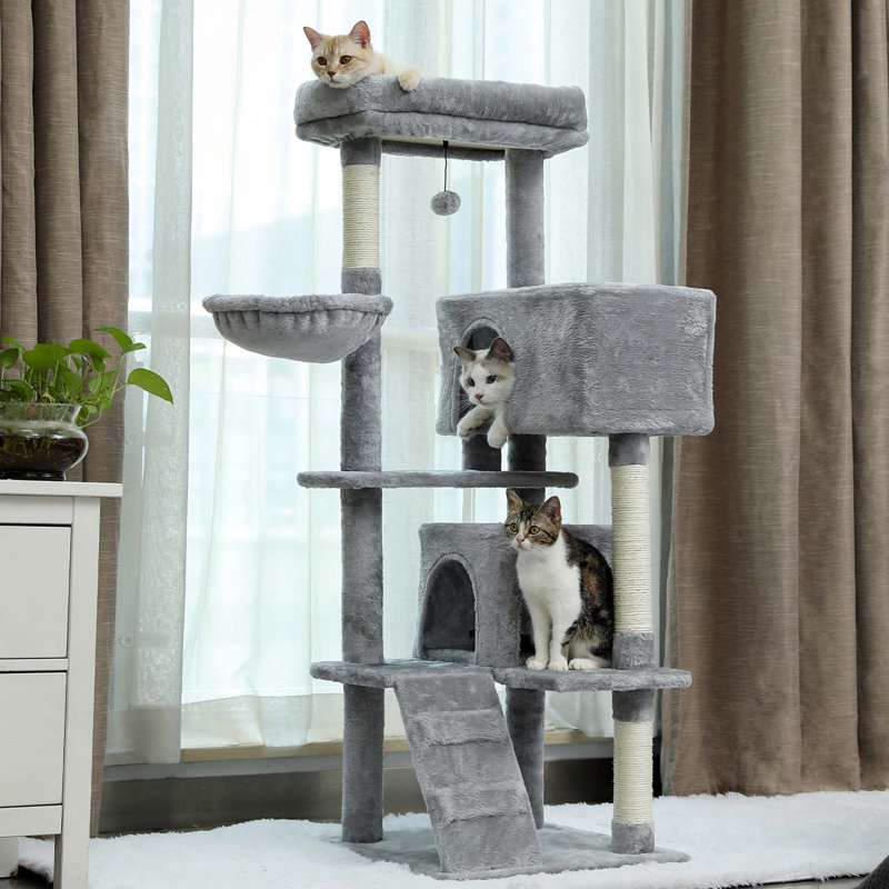 Arbre à chat avec grand poteau à griffer et poteaux à griffer 2 tablettes de condos et pompon suspendu, Gris foncé