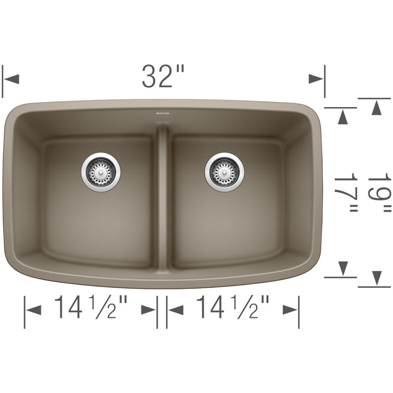 Valea SILGRANIT 32" 50/50 Double Bowl Undermount Kitchen Sink with Low Divide, Truffle