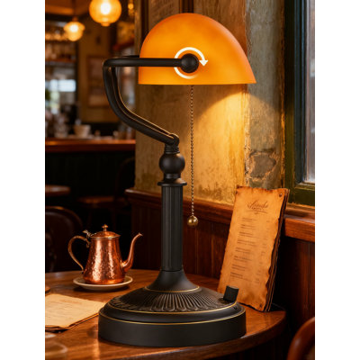 Classic Bankers Desk Lamp With Stepless Dimming, Adjustable Amber Glass Shade, Includes Led Bulb For Home Office And Study