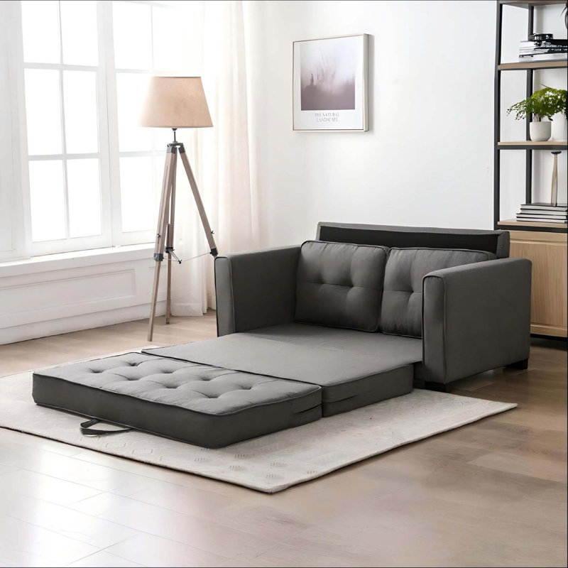 Tufted Convertible Sofa Bed with Solid Wood Frame, Dark Gray Fabric