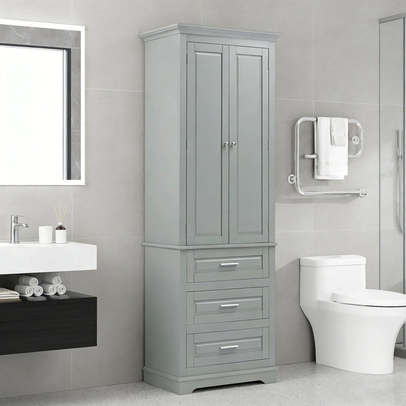 Slim Tall Storage Cabinet With Three Drawers - Multi-Purpose Organizer For Bathroom Or Office, Gray