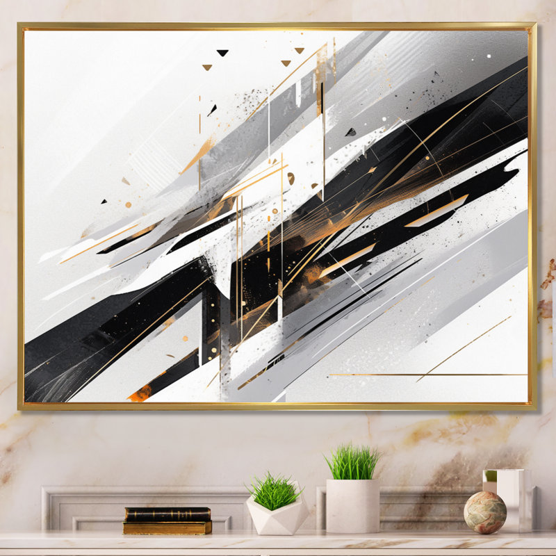 «Black Gold Multifacette Whirls II», reproduction sur toile, H 16 po x l 32 po x P 1 po, Cadre flottant doré