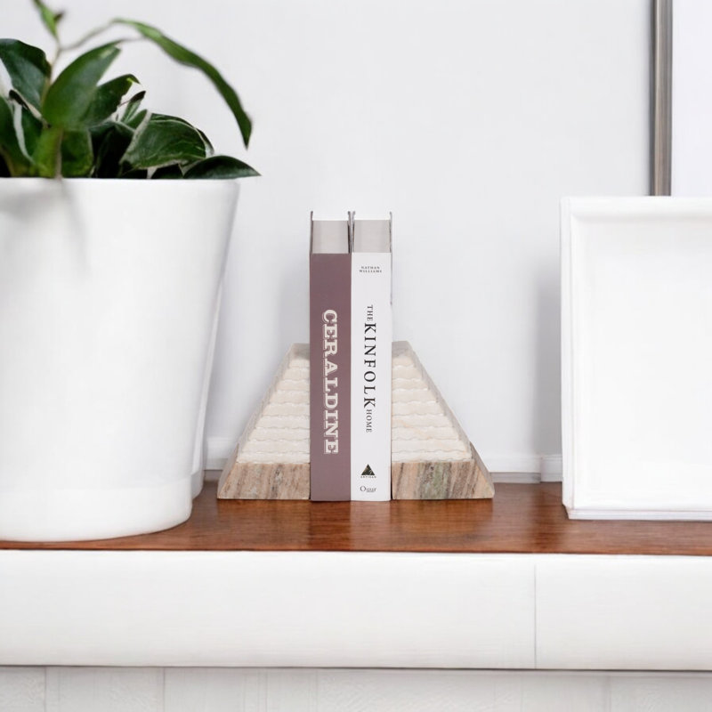 Jacia Stone Marble Bookends - Modern Geometric Decorative Accent with Heavyweight Pyramid Design, Elegant Home Decor