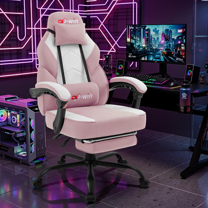 Adjustable Reclining Ergonomic Fabric Gaming Chair with Footrest and Lumber Support, Pink
