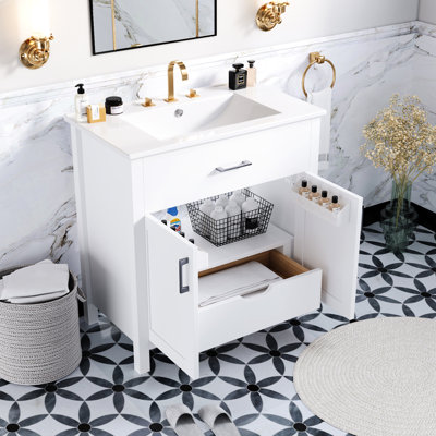 Meuble-lavabo de 30 pouces avec lavabo en céramique et beaucoup d'espace pour les articles de toilette essentiels - organisez votre salle de bain. Bois massif. Élégante armoire de rangement de style blanc qui rehausse la fonctionnalité. Finition élégante