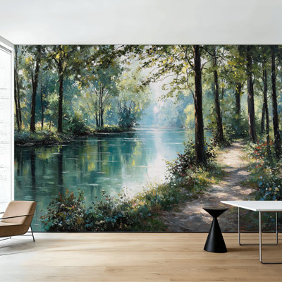 Peel and Stick Wallpaper River Path Landscape Sunlit Forest Impressionist Nature Outdoor Rustic Wall Murals 100"H x 144"W Removable PVC Wall Paper Self-Adhesive Wall Decor for Bedroom Living Room Home Office