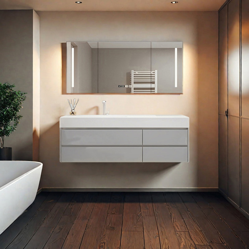 Creamy style smart bathroom cabinet, 59.05", Light Gray