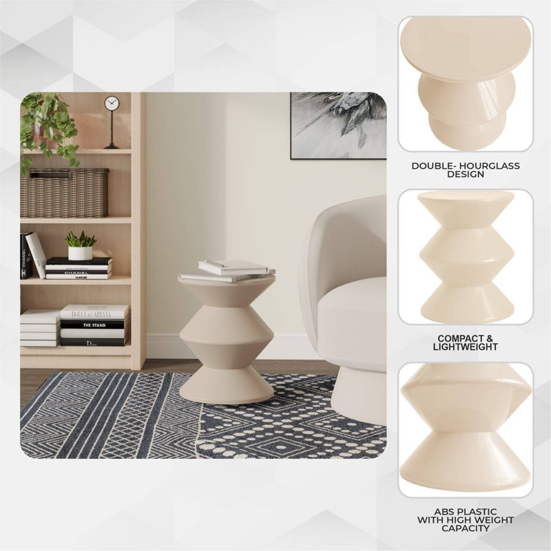 Michailo 15" Modern Hourglass Plastic Side Table, Waterproof Outdoor Patio End Table & Bedroom Nightstand, Ivory