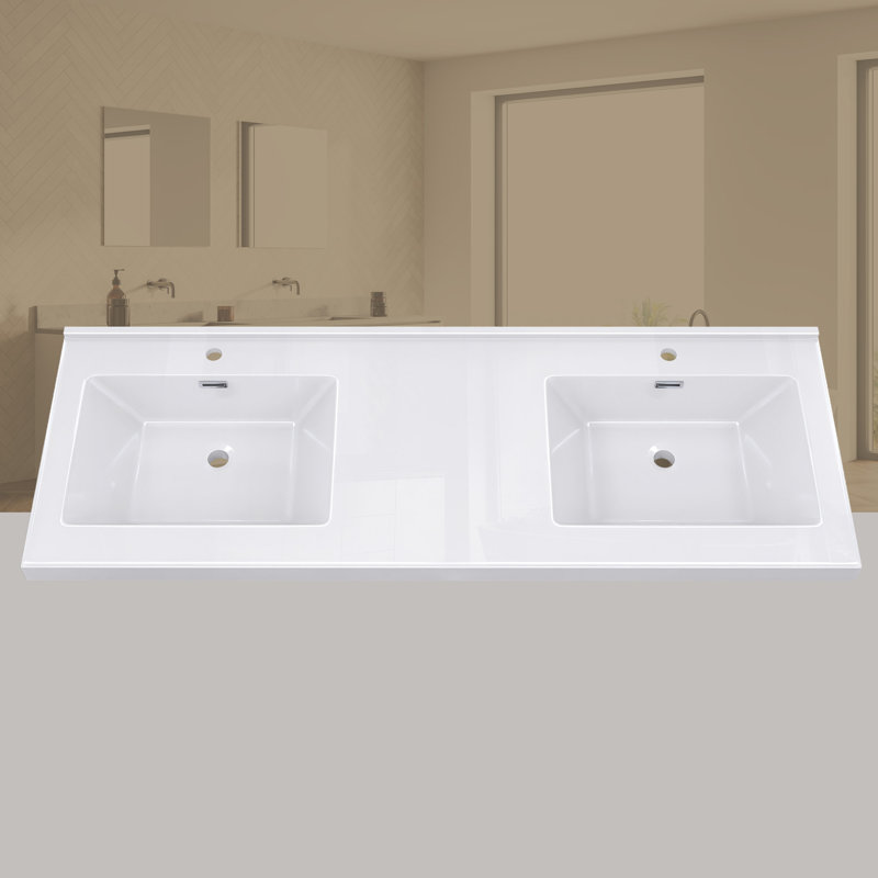 Plateau de meuble-lavabo à double cuve 60 po avec lavabo double intégré, comptoir épais blanc 2 po, rebord surélevé et dosseret 60 po