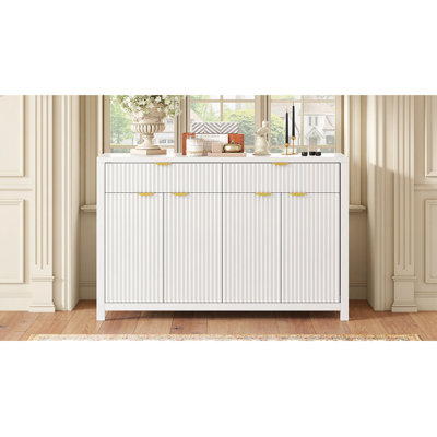 Modern Wave-Pattern Sideboard Cabinet With 2 Drawers And 4 Doors, 3-Level Adjustable Shelves, Aluminum Arc Handles, Scandinavian Style, 3 Colors, Suit by George Oliver