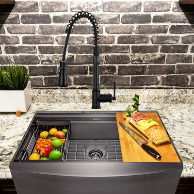 All-in-one 33"" L x 20"" W Farmhouse Kitchen Sink with Faucet -  AKDY, KS0509-KF12