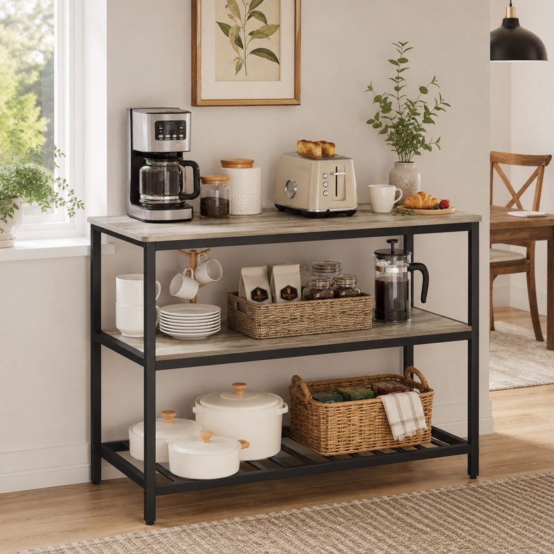 Îlot de cuisine 47,2 po, 3 tablettes et cadre en acier, gris, Beige