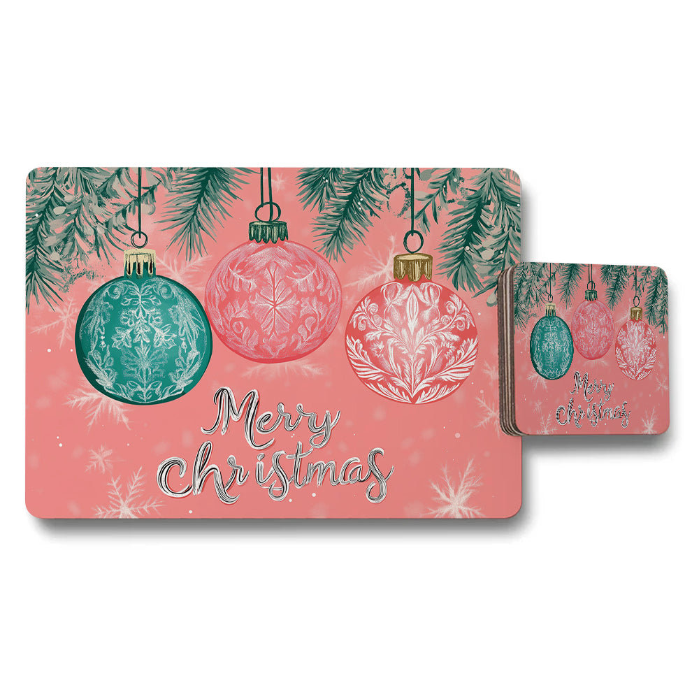 Merry Christmas Placemat And Coaster Set With Ornament Design