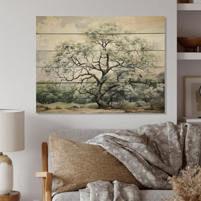 Arbre majestueux blanc et vert - Reproduction d'arbres sur bois de pin naturel