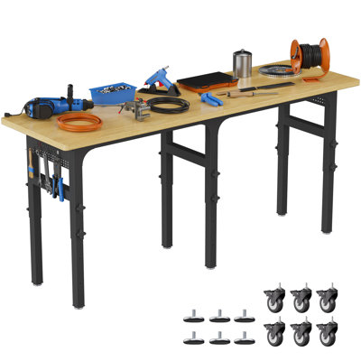 Adjustable Garage Workbench With Power Outlet, 3000 Lbs Load Capacity Hardwood Top Heavy Duty Work Bench W/side Pegboards, Tool Bench W/wheels & Feet For Woodworking, Workshop, Office