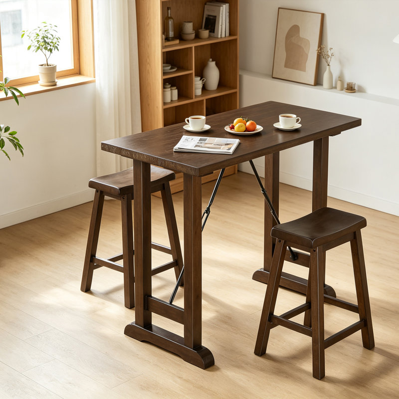 Ensemble de salle à manger 3 pièces en merisier brun, hauteur du comptoir, table rectangulaire rustique avec 2 tabourets de bar en bois