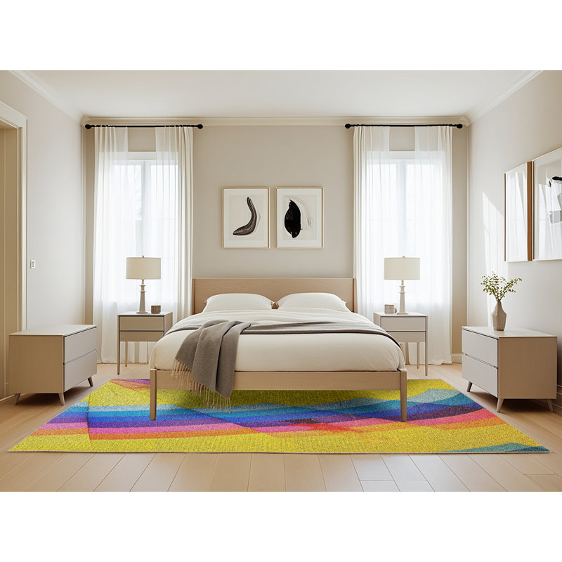 Tapis jaune/bleu/orange à motifs, Rectangle 5 pi x 8 pi