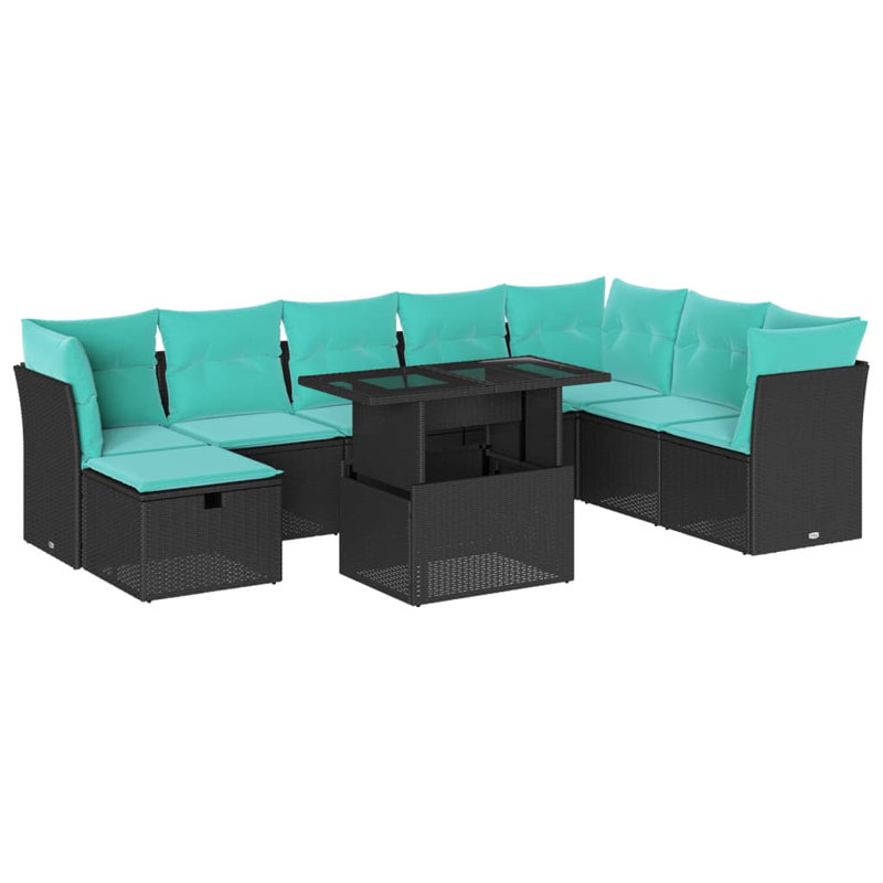  Ensemble de canapé de patio 9 pièces avec coussins en rotin de polyester, Noir, Vert