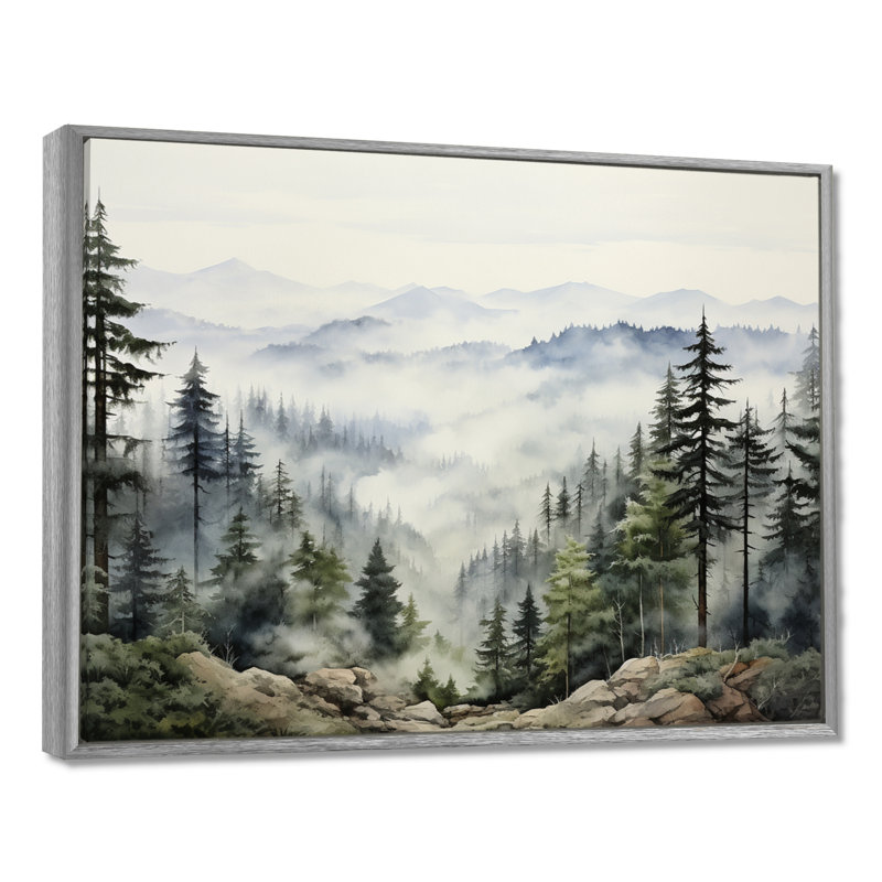 «Pine Tree Misty Mountain I», art sur toile de pin, Reproduction avec cadre flottant, H 30 po x l 40 po, Argent argent