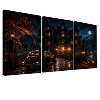 Manoir gothique avec taxi vintage et thème Halloween - Ensemble de 3 toiles murales