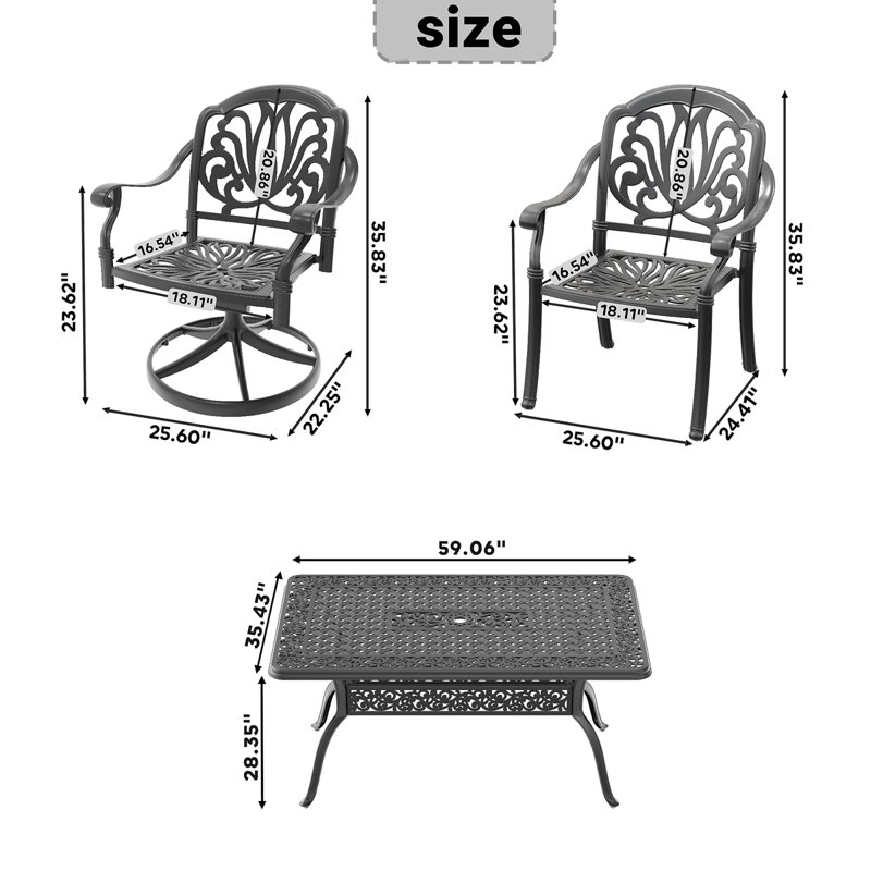 Ensemble de salle à manger 7 pièces en fonte d'aluminium toutes saisons comprenant 2 chaises pivotantes, 4 chaises de salle à manger et une table rectangulaire avec cadre noir (même référence: W1710S00368)