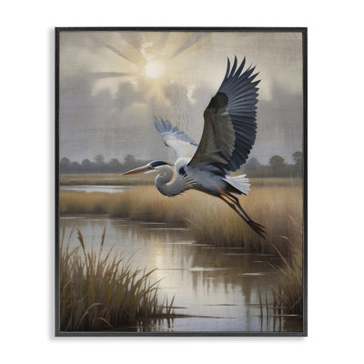 Heron, vol au-dessus des zones humides, estampe numérique, design par Susan Arnot