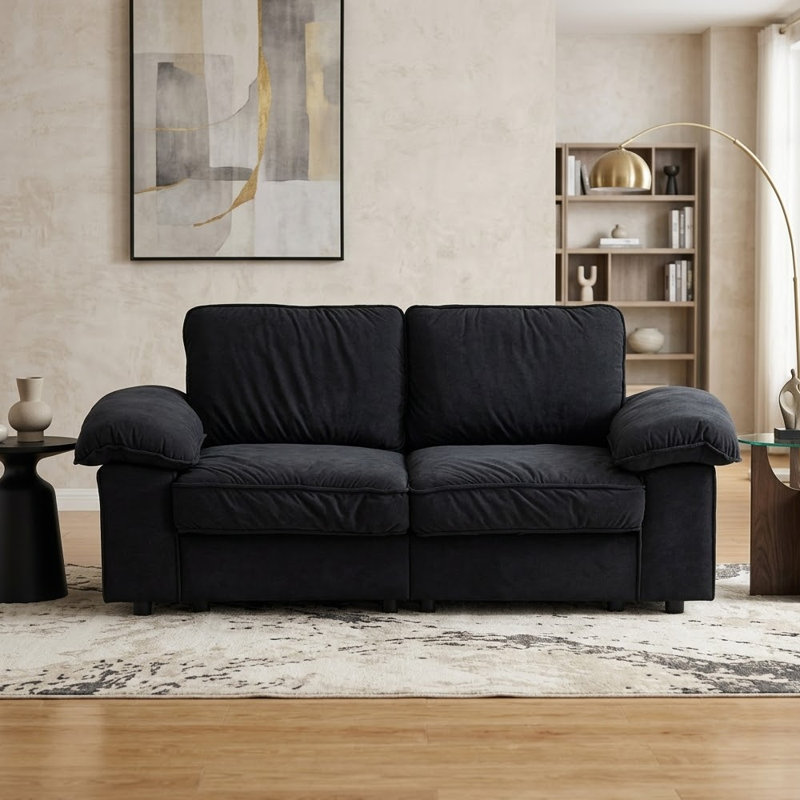 Causeuse moderne en similicuir 78,7 po avec rangement caché, Velvet, Black
