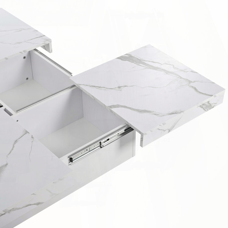 Table basse carrée avec plateau coulissant en placage de marbre et rangement - Blanc
