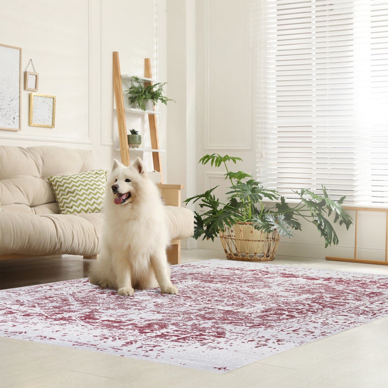 Tapis lavable à la machine avec envers antidérapant à motif floral moderne abstrait bourgogne et crème
