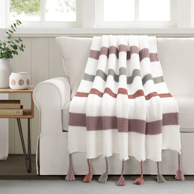 Boho Knitted Braided Tassel Throw, Dusty Rose