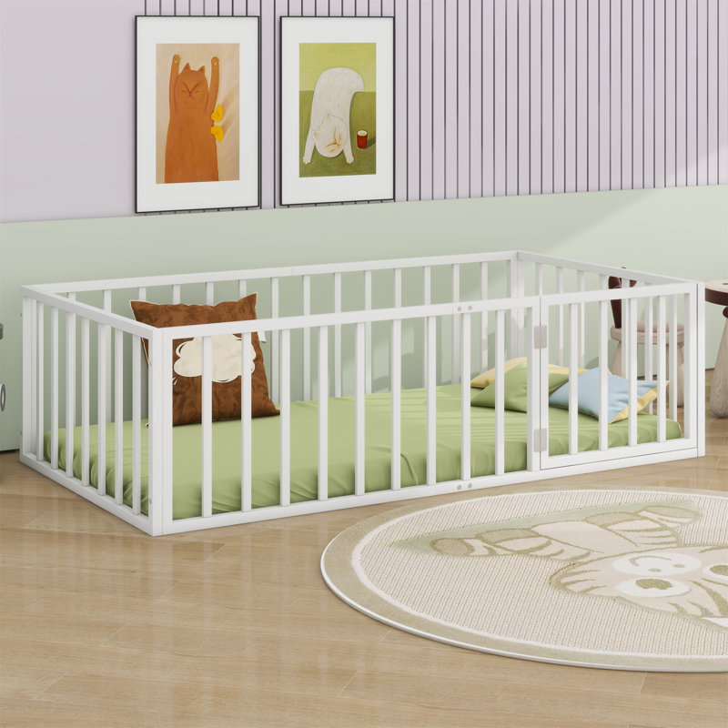 Metal Floor Bed Frame With Fence And Door, White