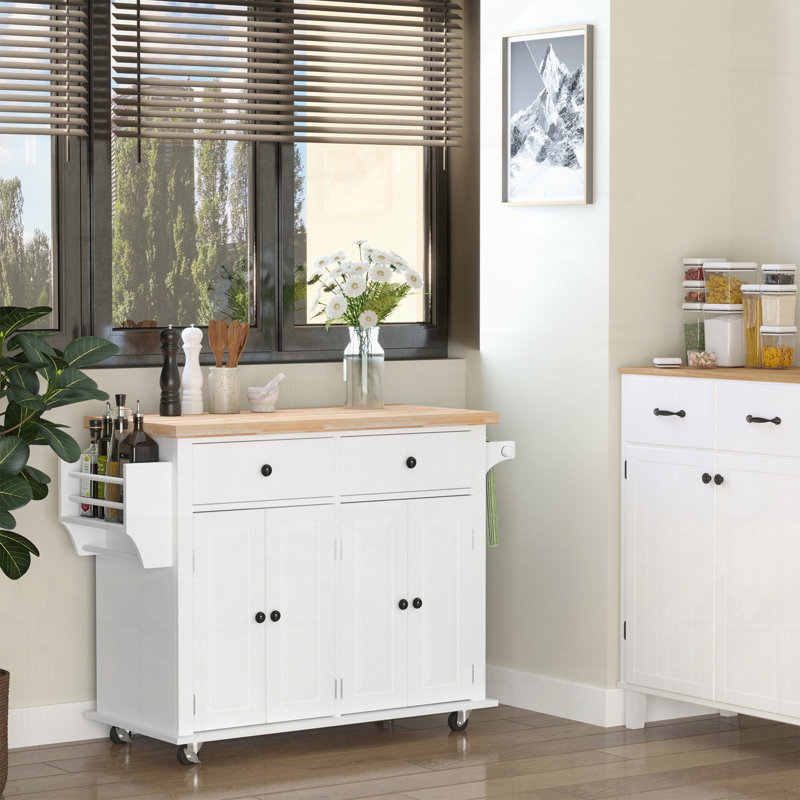 Rolling Kitchen Island Cart with Rubberwood Top Spice Rack Towel Rack and Drawers, White