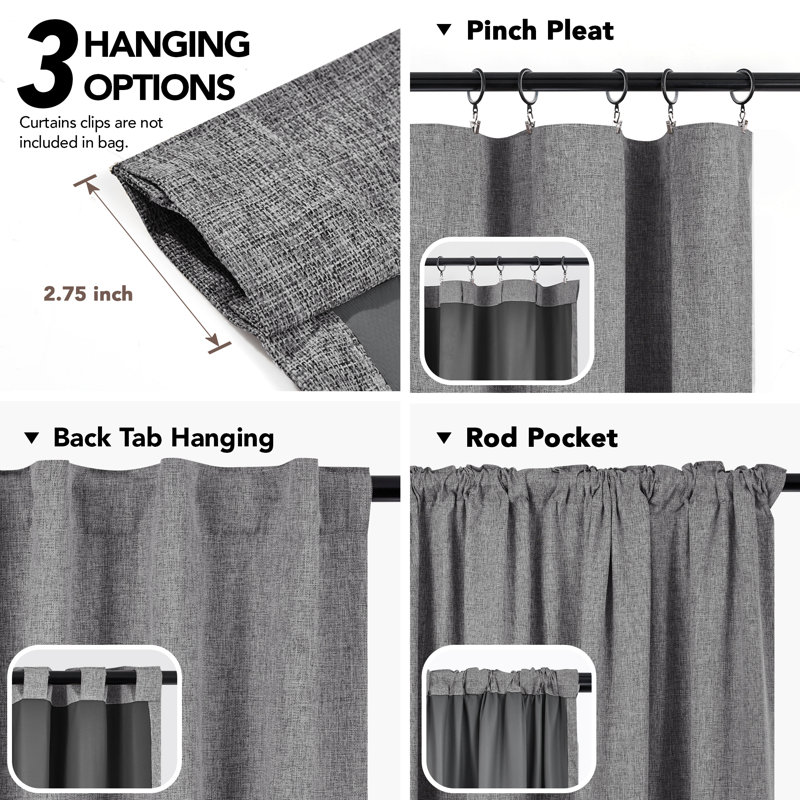 100% Blackout Faux Linen Curtains with TPU Backing – Dual-Layer Noise Reducing & Thermal Insulated Drapes, 52" W x 84" L