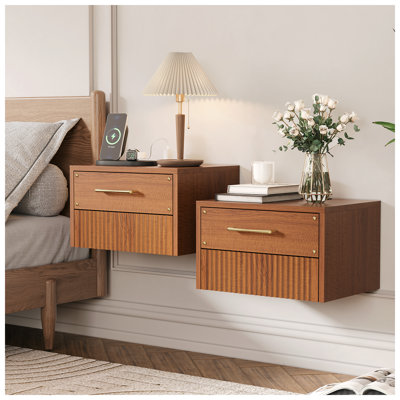 Mid Century Modern Floating Nightstand Set Of 2 With Charging Station, Wood Wall Mounted Bedside Table With 2 Storage Drawers & Fluted Decor For Bedroom, Home Small Space, Walnut, 2 Pcs