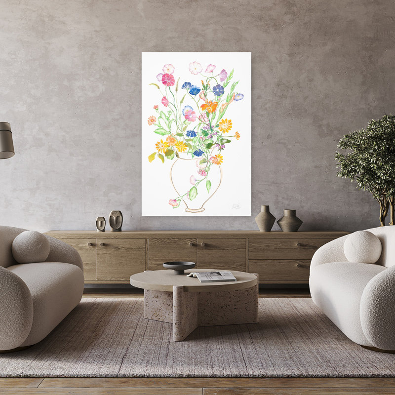 Art contemporain contemporain coloré délicat avec fleur rose délicate, H 48 po x l 32 po