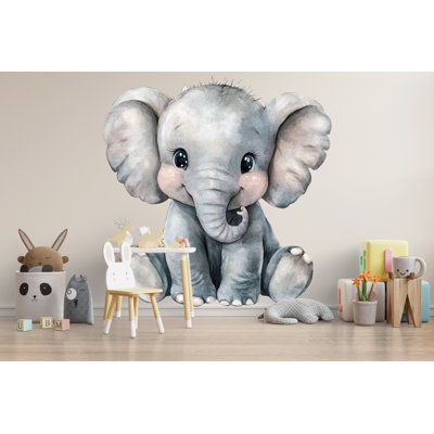 Cute Baby Elephant Nursery Wall Decal – Large Animal Wall Art, Gender Neutral Kids Room Decor 010Mv