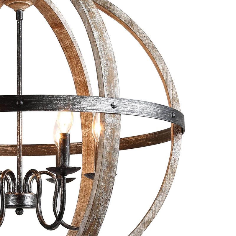  Grand luminaire suspendu sphérique à 6 lumières de 27 po avec détails en bois Aziz