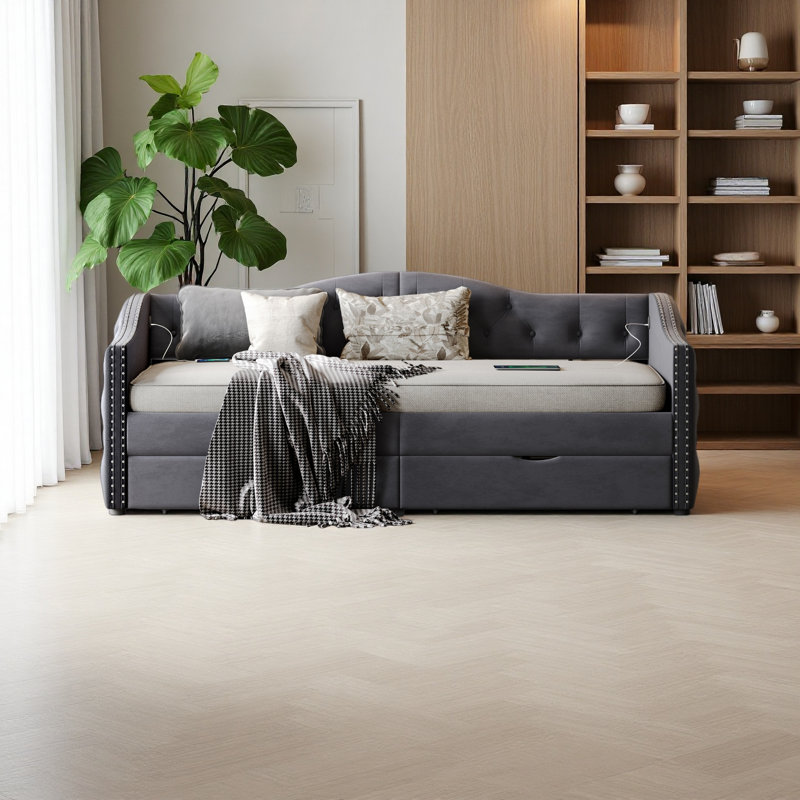 Upholstered Cloud Bed Frame With Headboard, With 2 Storage Drawers And 2 USB Charging Design, Solid Wood Legs And Slats, No Box Spring Needed,Full