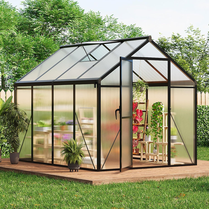 6x10 FT Greenhouse, Walk-in Polycarbonate Greenhouses with Roof Vent & Lockable Swing Door, Heavy-Duty Aluminum Frame Outdoor Garden Greenhouse Kit