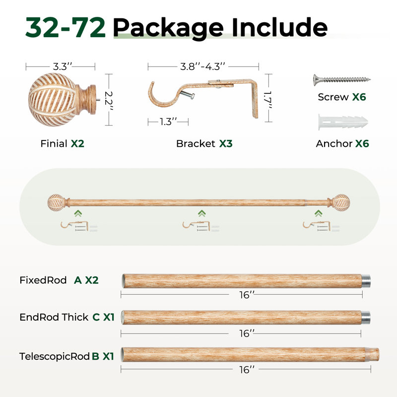 Tringle à rideaux simple réglable en métal, 32" - 72", Brun