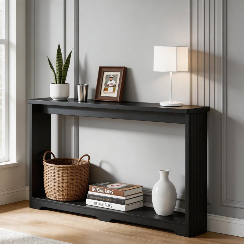 Elegant Fluted Column Entryway Table - 70" Slim Depth Entryway Table In Matte Black, Black