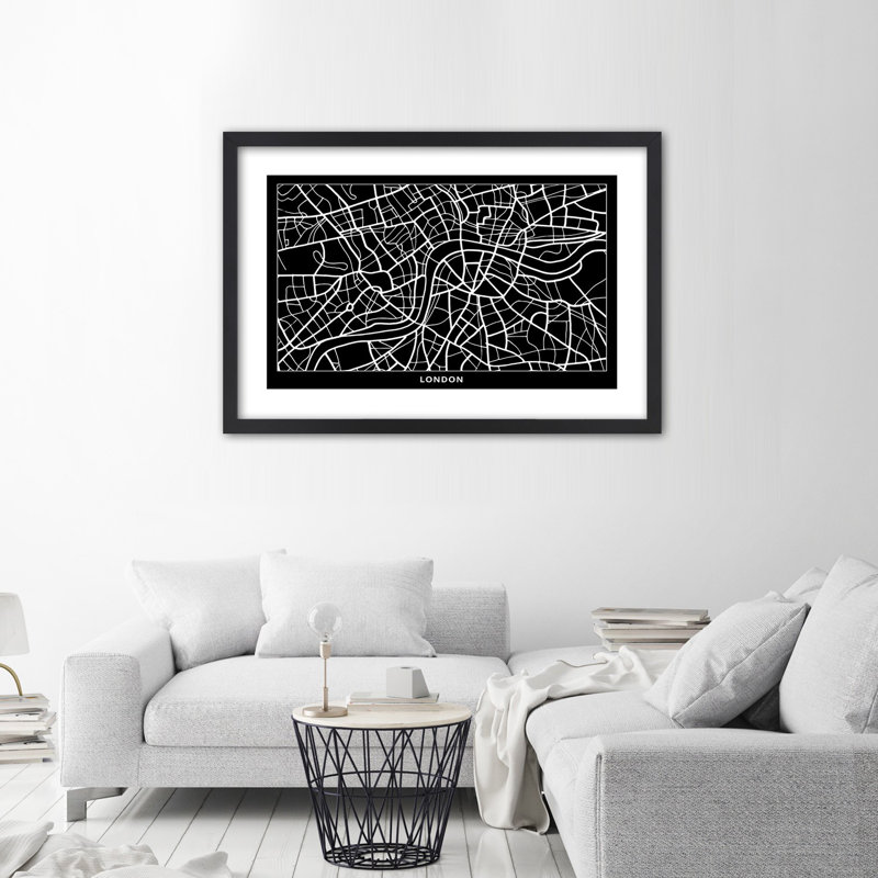 Plan For London City - Single Picture Frame Print, Black, 70cm H x 100cm W