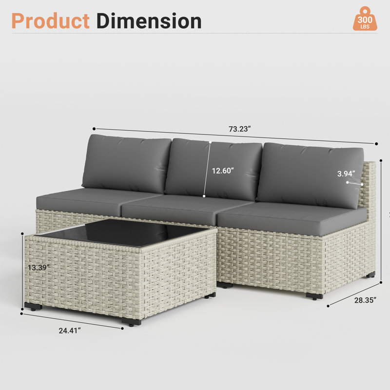 4 Pieces Design-Rattan Patio Sofa With Cushions, Gray