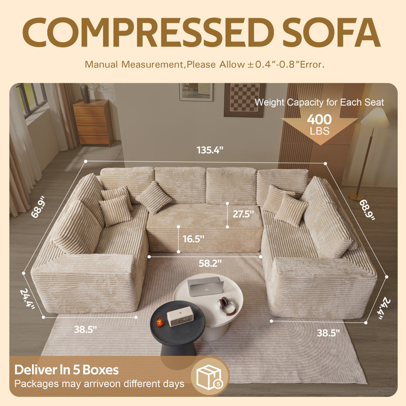 Canapé modulaire en U avec support à ressorts Billie Corduroy, Velours côtelé beige