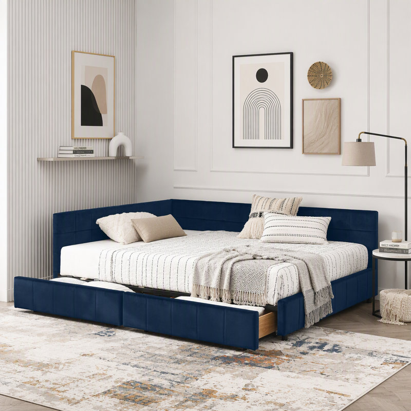 Lit de jour en velours avec capitonnage, Dark Blue