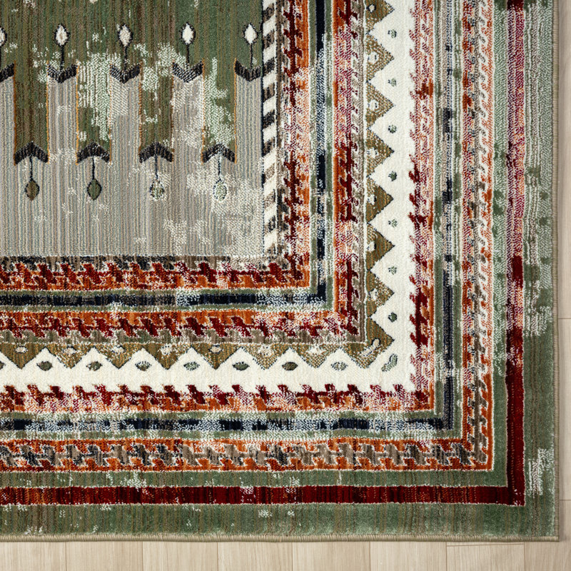 Stepheon Southwestern Area Rug in Green, Rectangle 5'2" x 7'8"